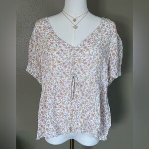 SO Ditsy Floral V-Neck Babydoll Top in Pink and Cream cinch Front Tie Flowy